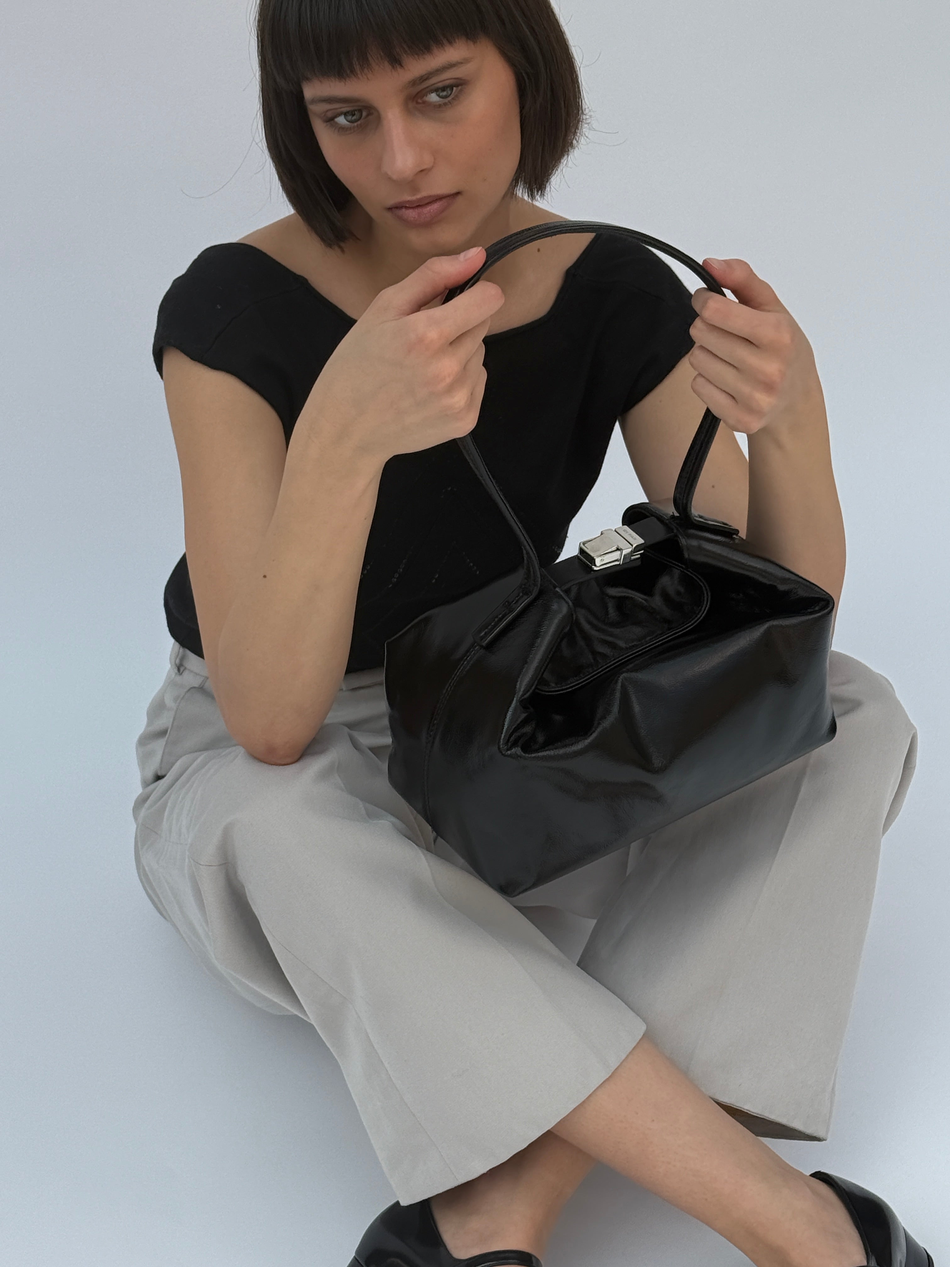 Bea Black Creased Leather Hobo Bag
