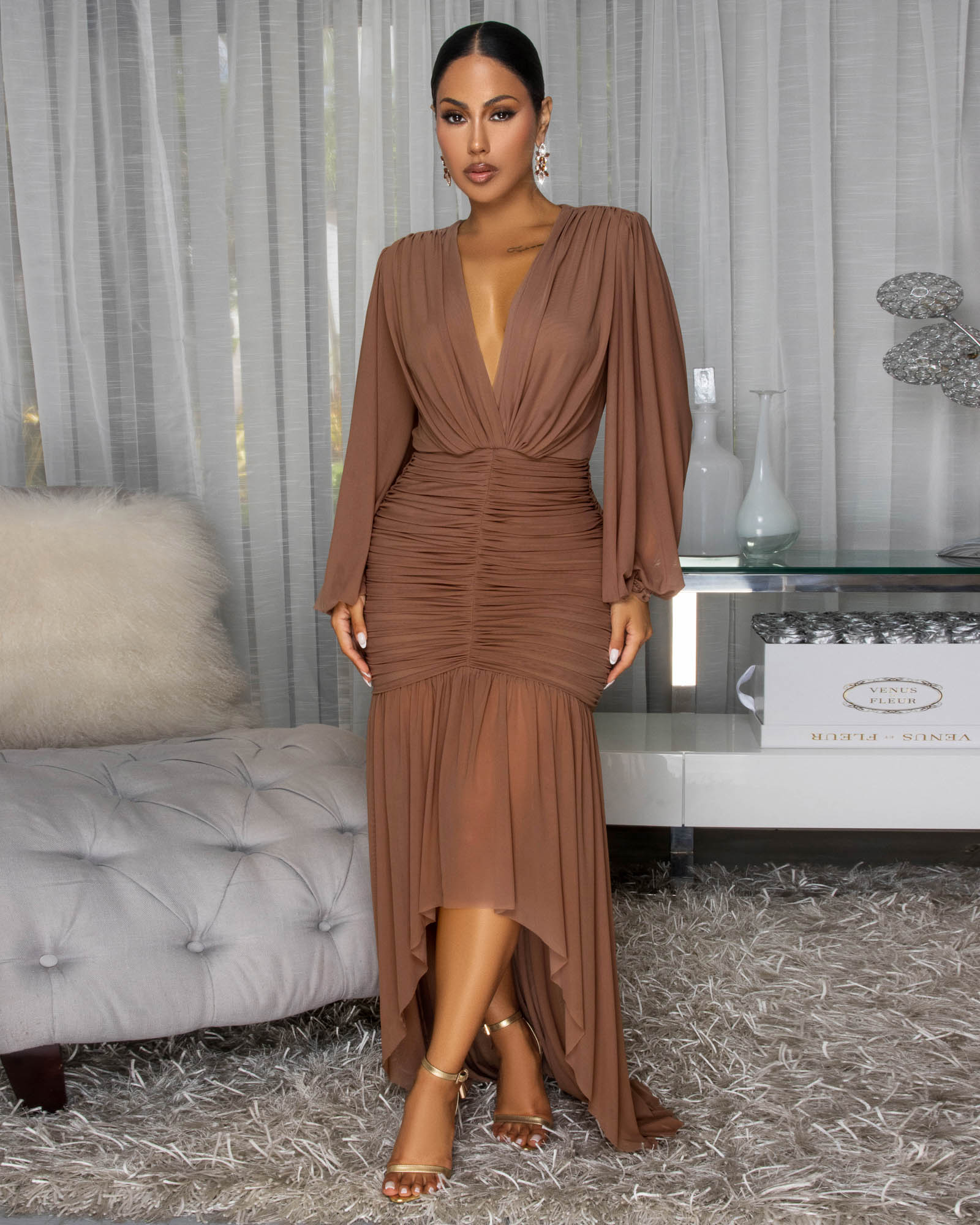 Brandi Mocha Hi-Low Mesh Maxi Dress