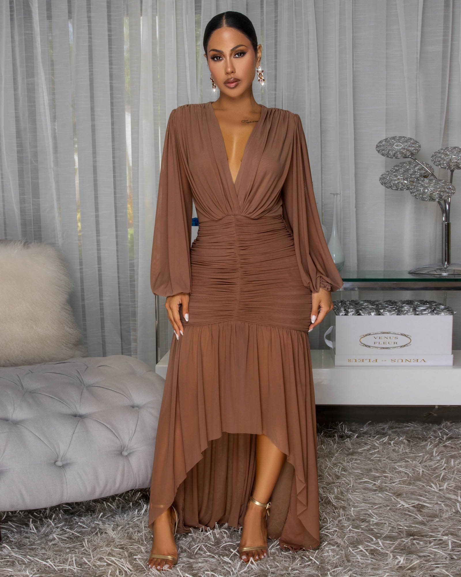 Brandi Mocha Hi-Low Mesh Maxi Dress