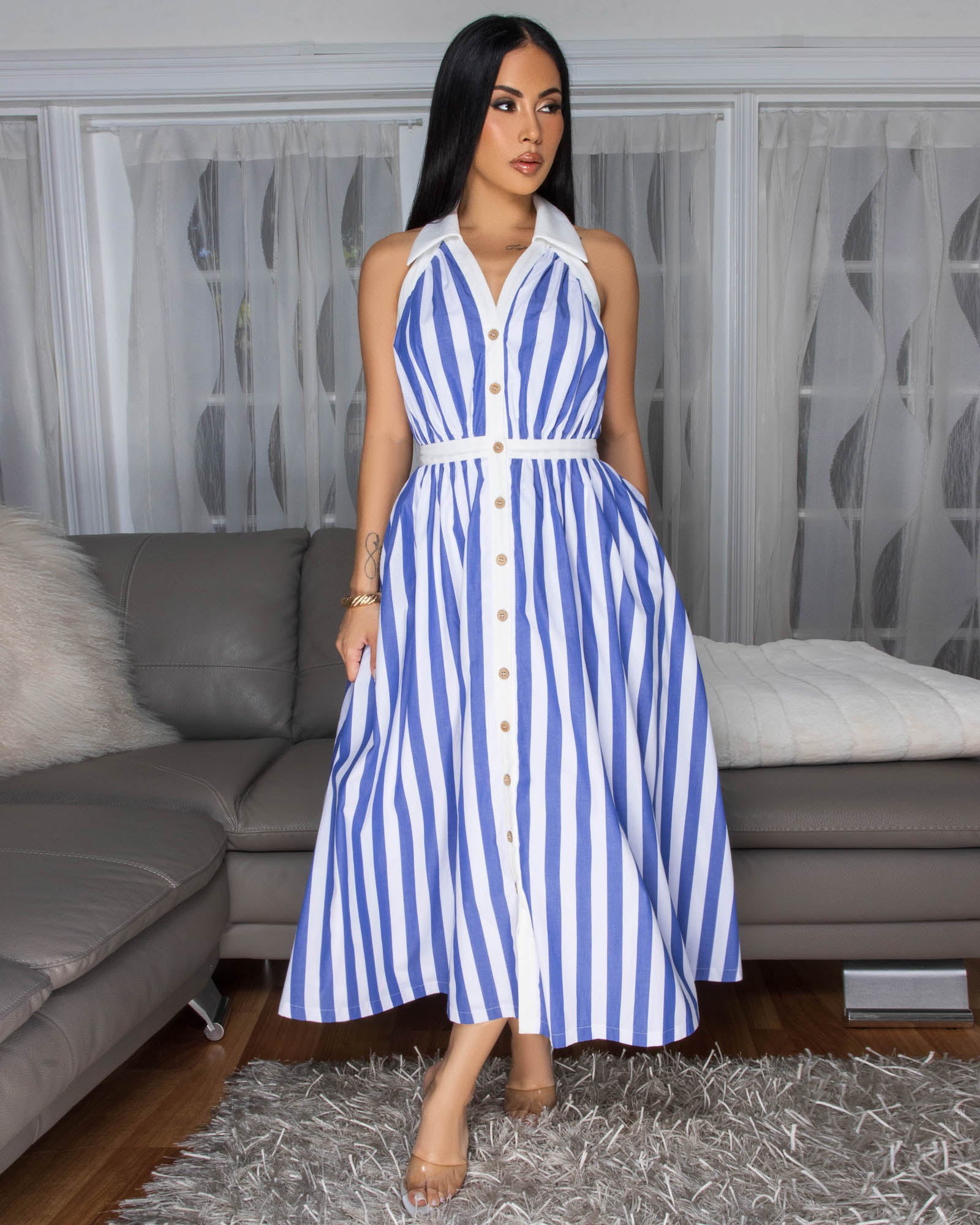 Calipso Blue White Stripes Midi Dress
