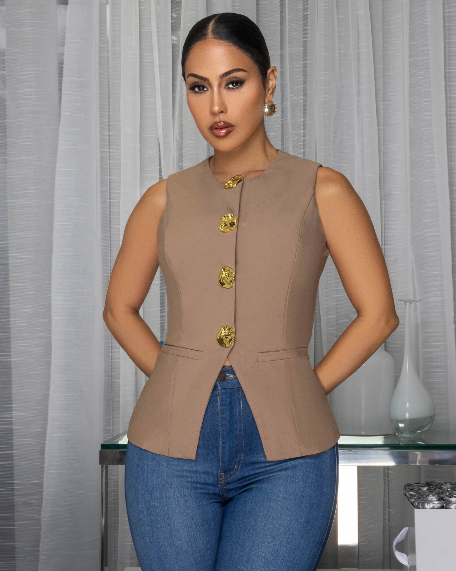 Nadri Toffee Gold Buttons Vest