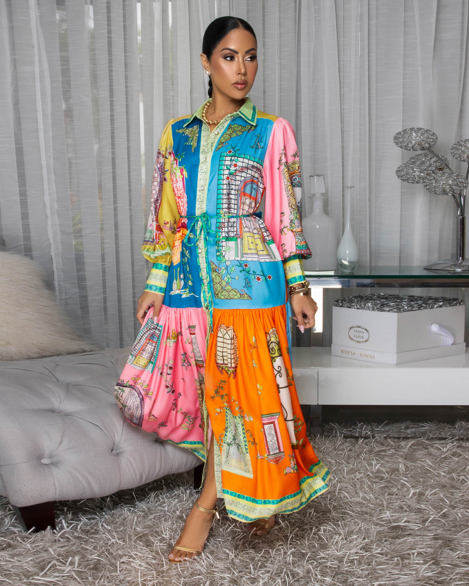 Calista Multi-Color Print Silky Maxi Dress