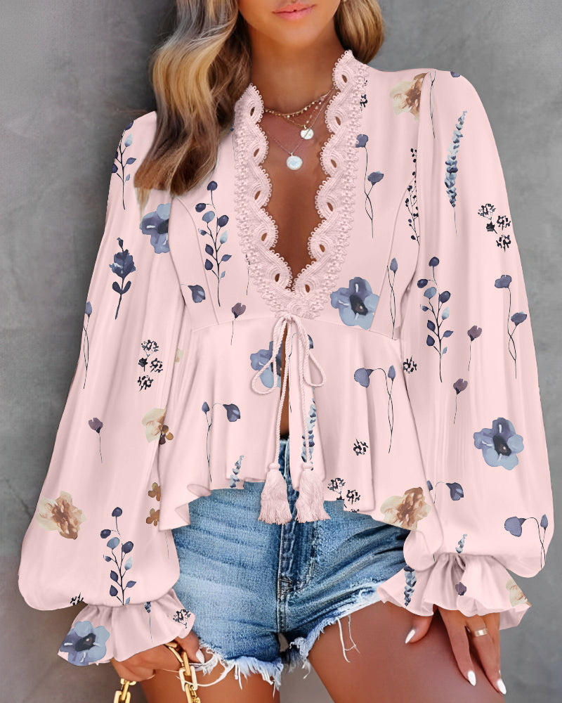 Floral Print Deep V-Neck Lantern Sleeve Casual Contrast Lace Tied Detail Blouse(light pink,L)