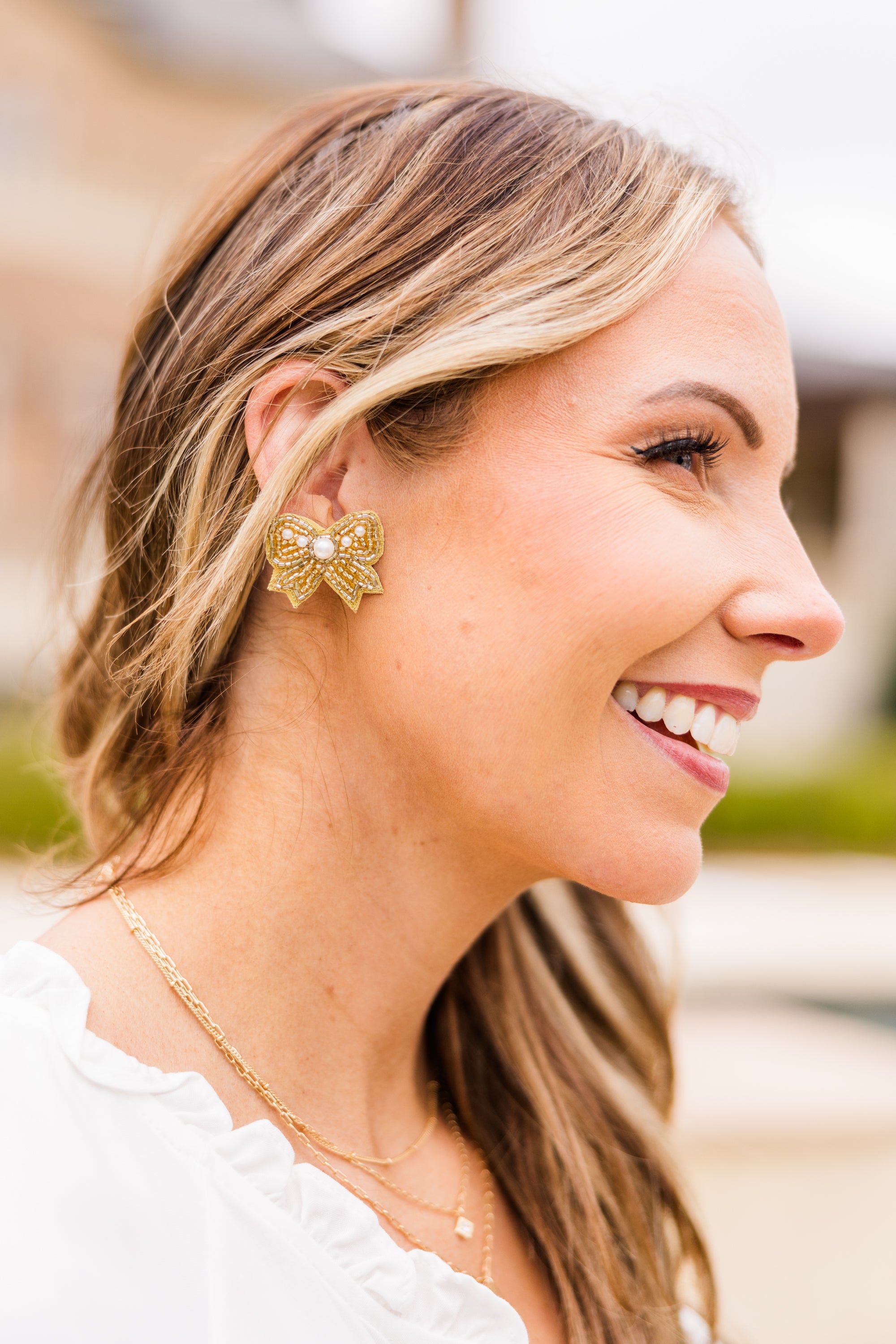 Bowdacious Pearl Earrings, Gold