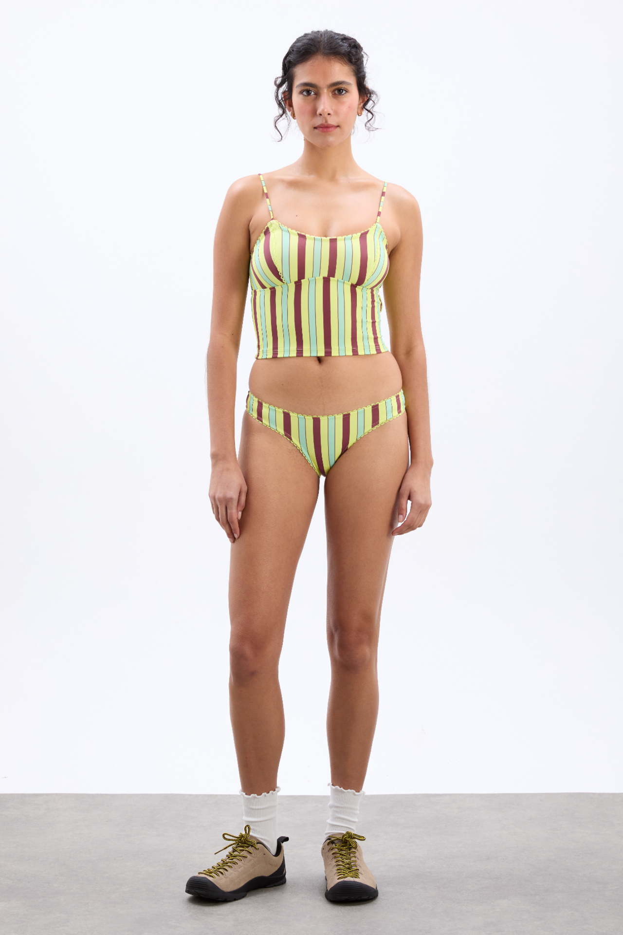 picot trim high bikini bottoms - tropical stripe