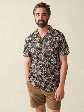 Short-Sleeve Hemp Blend Camp Shirt - Charcoal Tropic Trees