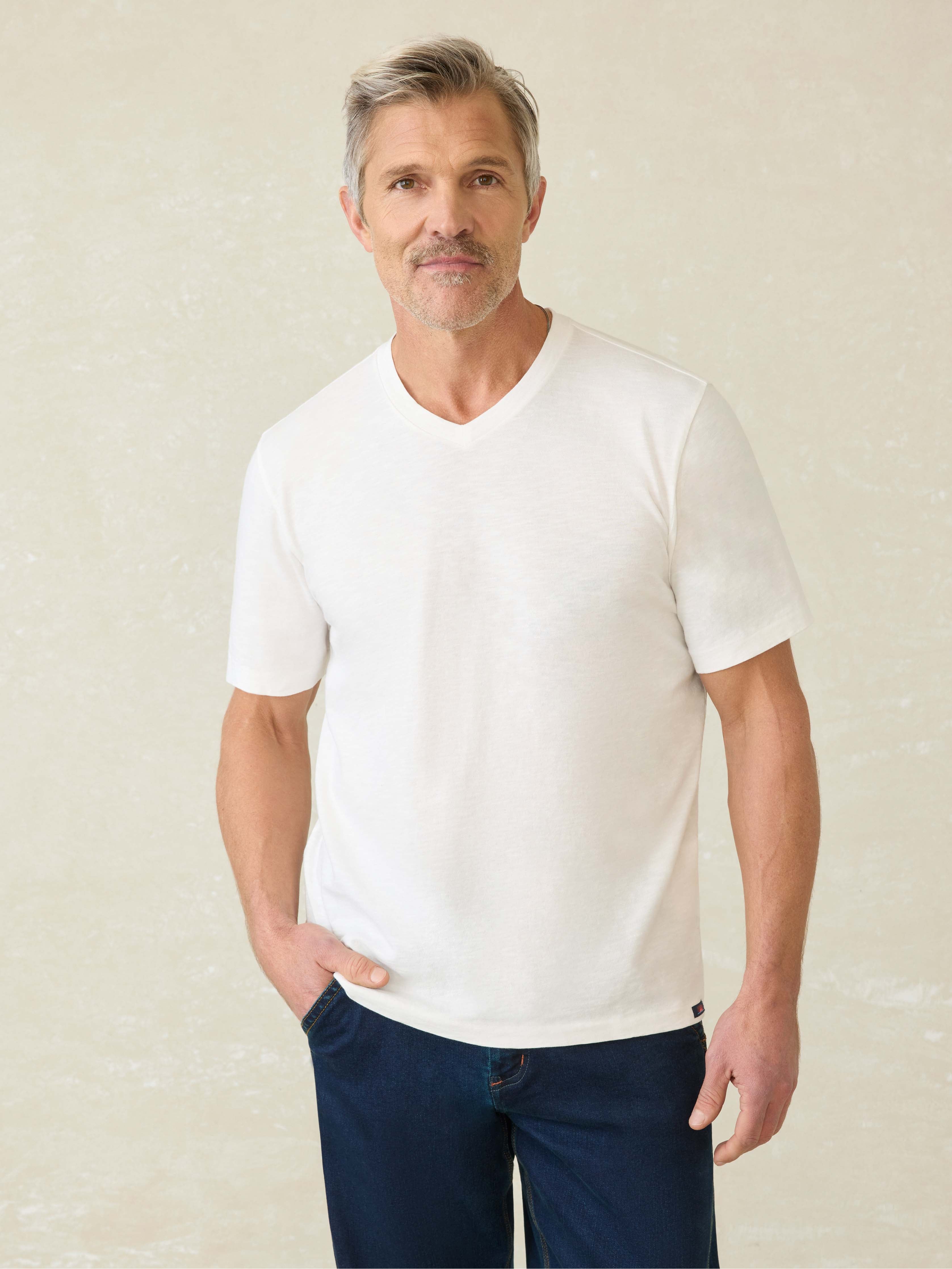 Short-Sleeve Sunwashed Regenerative Cotton V-Neck Tee - White