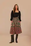 Arabesque Floral Green Buttons Midi Skirt