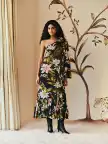 Black Surreal Flowers One-Shoulder Maxi Dress