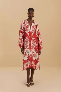 Red Floral Chains Stripes Midi Dress