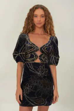 Blue Floral Glam Scarf Velvet Mini Dress