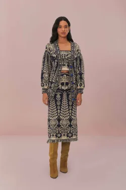 Navy Blue Ainika Tropical Splendor Knit Midi Skirt