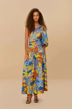 Yellow Jungle Panther One-Shoulder Midi Dress