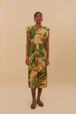 Beige Tropical Isla Padded Shoulders Midi Dress