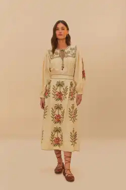 Sand Tropical Flower Embroidered LENZING™ ECOVERO™ Euroflax™ Maxi Skirt