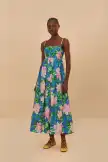 Blue Painted Flowers Organic Cotton Midi Dress
