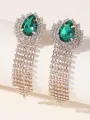 Green Teardrop Rhinestones Tassel Long Earrings