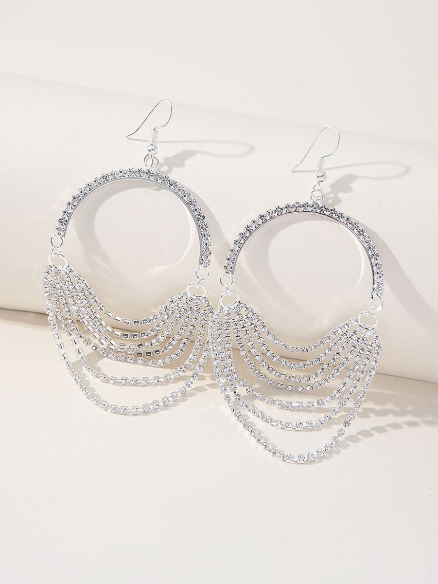 Silver Rhinestones Tassel Hoop Round Earrings