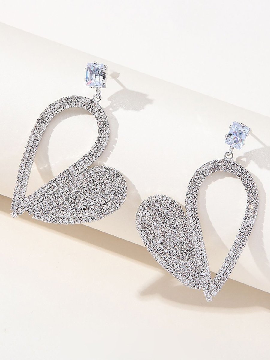 Silver Irregular Rhinestones Heart Hoop Earrings