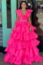 Zoey | Hot Pink V-Neck Ruffle Tiered Long Prom Dress with Beaded Waist(Fuchsia,2)