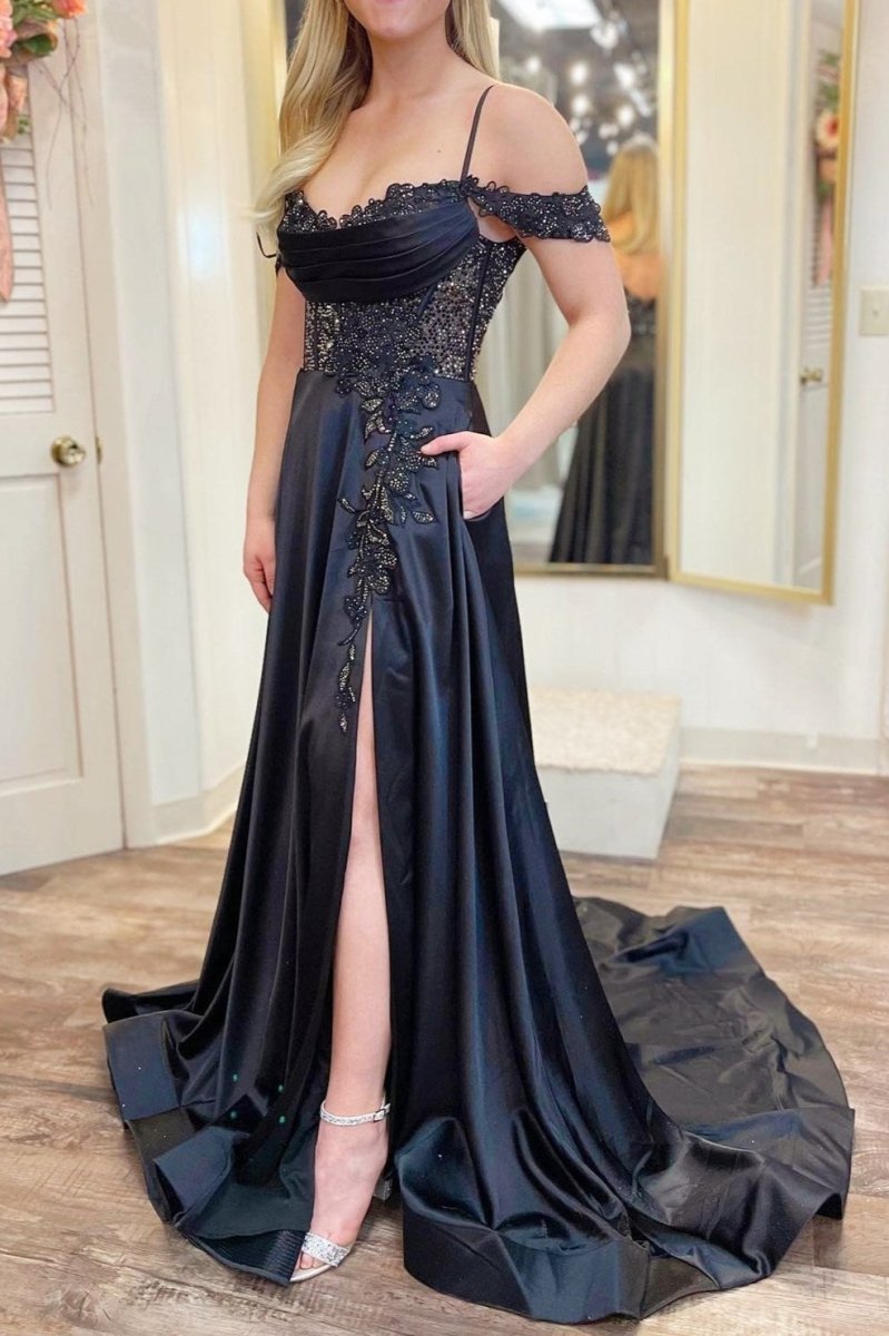 Cold-Shoulder Beaded A-Line Formal Dress with Slit