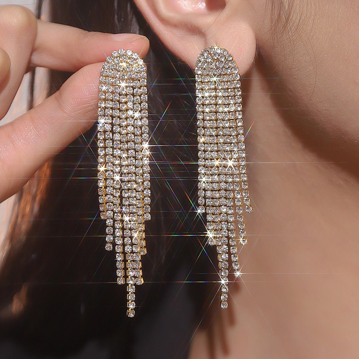 Tassel Gold Small Circle Long Earrings with Rhinestones