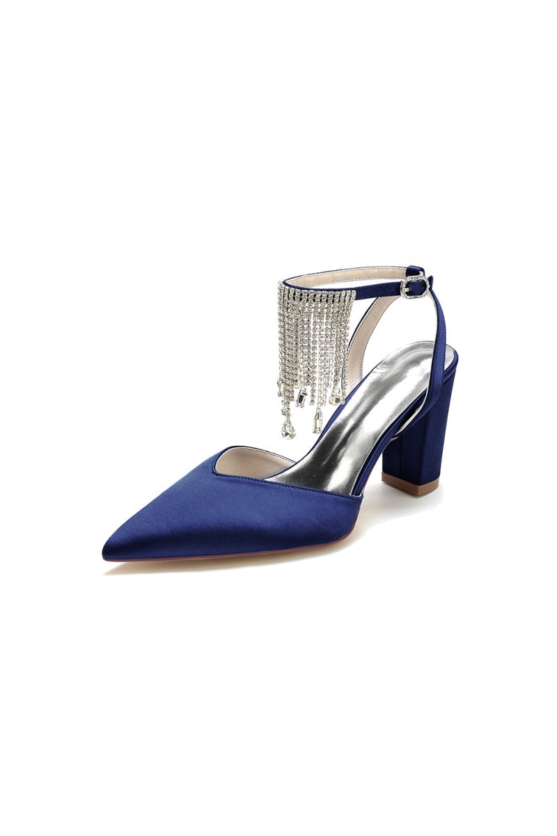 Pointed Toe Beading Tassel Satin Chunky Heels