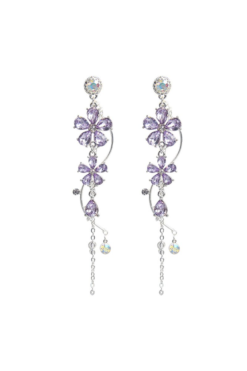 Silver Long Flower Earrings Purple Rhinestones