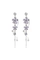 Silver Long Flower Earrings Purple Rhinestones
