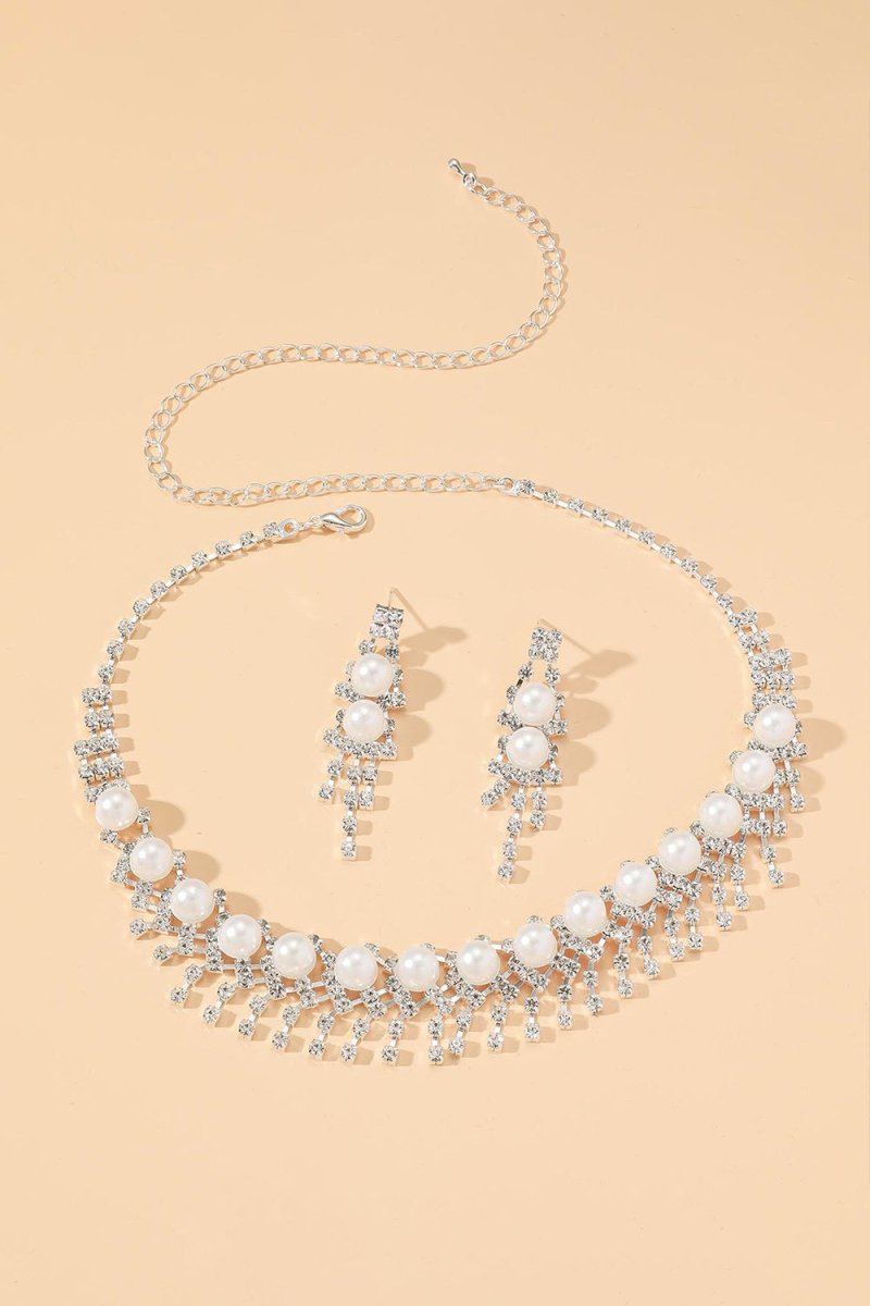 Vintage Pearl Rhinestone Necklace And Earrings Set