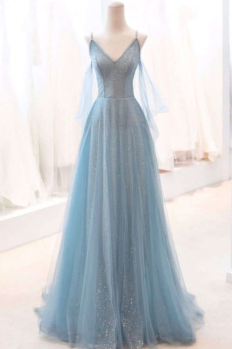 Kathryn | Dusty Blue Sparkly Tulle Long Prom Dress. A-Line Spaghetti Strap Evening Dress