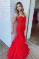 Zabelle | Strapless Mermaid Red Lace Long Prom Dresses with Ruffles(Red,2)