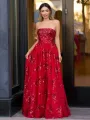 Zara | A Line Strapless Pleating Long Prom Dress With Applique(Red,2)