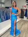 Zayna | Mermaid One Shoulder Keyhole Sequins Lace Long Prom Dresses with Slit(Blue,2)