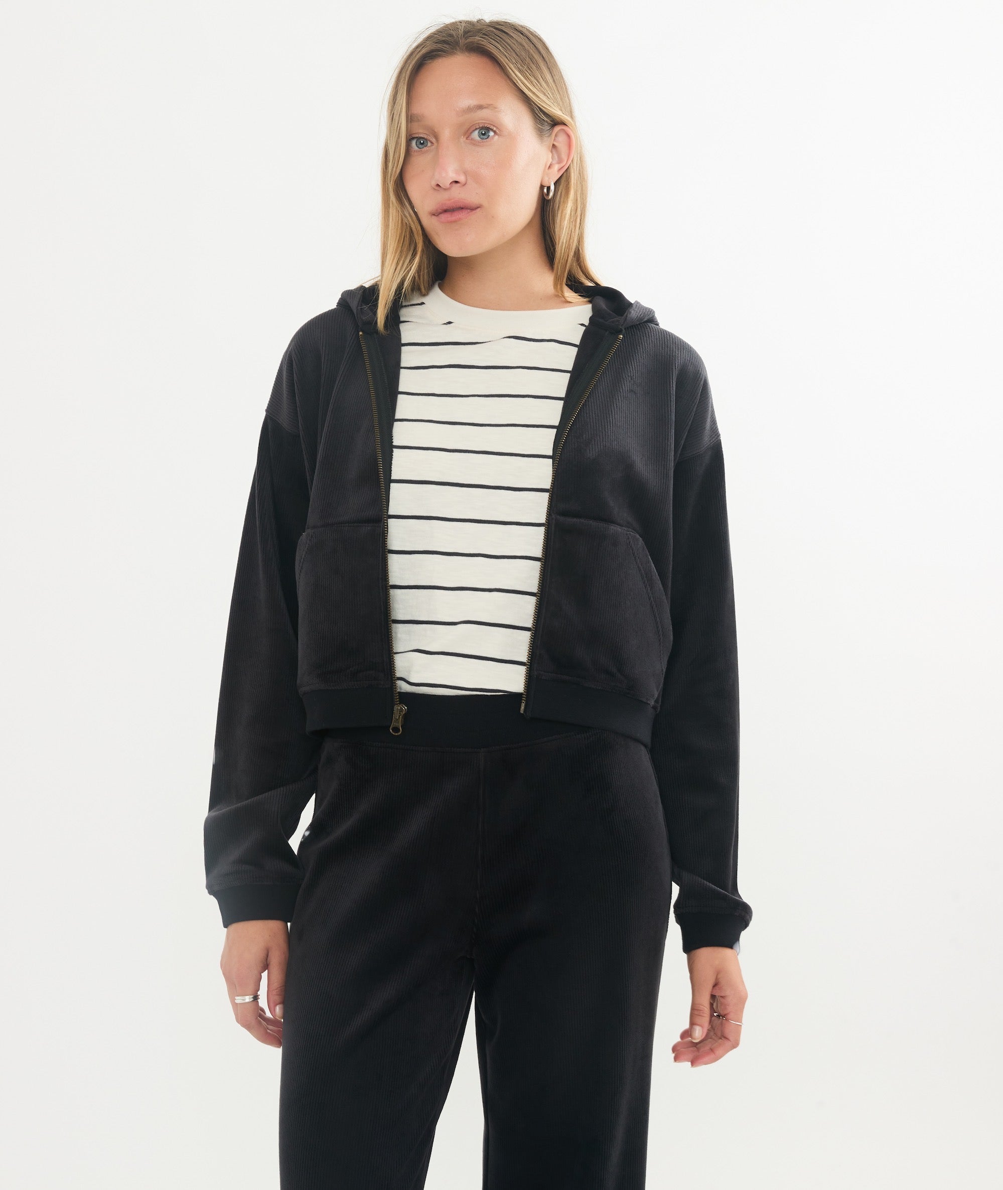 Cord Velour Cropped Zip Up Hoodie