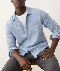 Stretch Selvage Long Sleeve Shirt(Small,Chambray/Navy Stripe)