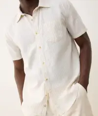Better-Than-Linen Short Sleeve Shirt(Small,Tan/White Stripe)