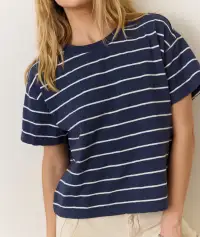 Sadie Vintage Slub Crop Tee(Extra Small,Navy/White Stripe)
