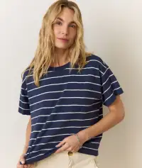 Sadie Vintage Slub Crop Tee(Extra Small,Navy/White Stripe)