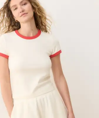 Lexi Rib Sun-In Crew Tee(Extra Small,Cream/Hibiscus)