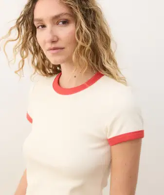 Lexi Rib Sun-In Crew Tee(Extra Small,Cream/Hibiscus)