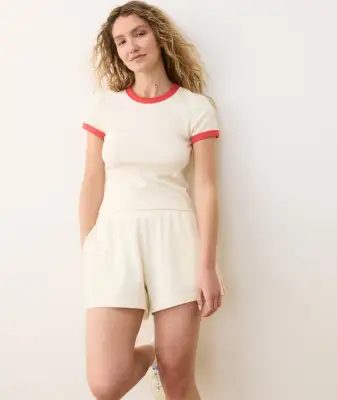 Lexi Rib Sun-In Crew Tee(Extra Small,Cream/Hibiscus)