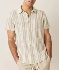 Stretch Selvage Short Sleeve Shirt(Small,Cream/Olive Stripe)
