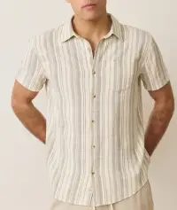 Stretch Selvage Short Sleeve Shirt(Small,Cream/Olive Stripe)