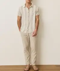Stretch Selvage Short Sleeve Shirt(Small,Cream/Olive Stripe)