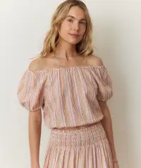 Marella Seersucker Crop Blouse(Extra Small,Sunset Stripe)