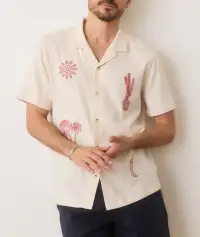 Stretch Selvage Embroidered Resort Shirt(Small,Natural)