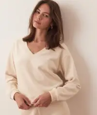 Cord Velour V-Neck Sweatshirt(Extra Small,Cream)