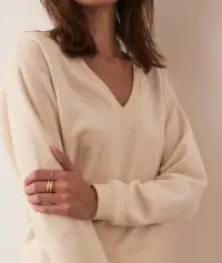 Cord Velour V-Neck Sweatshirt(Extra Small,Cream)