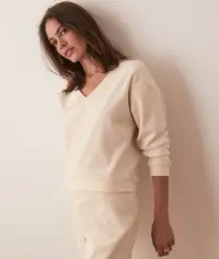 Cord Velour V-Neck Sweatshirt(Extra Small,Cream)